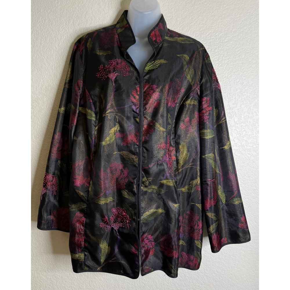 Chicos 3 US XL Womens Jacket Black Silk Beaded Floral Mandarin‎ Collar Going Out
